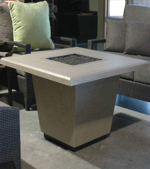 Chat-height square GFRC fire table with dark burner opening