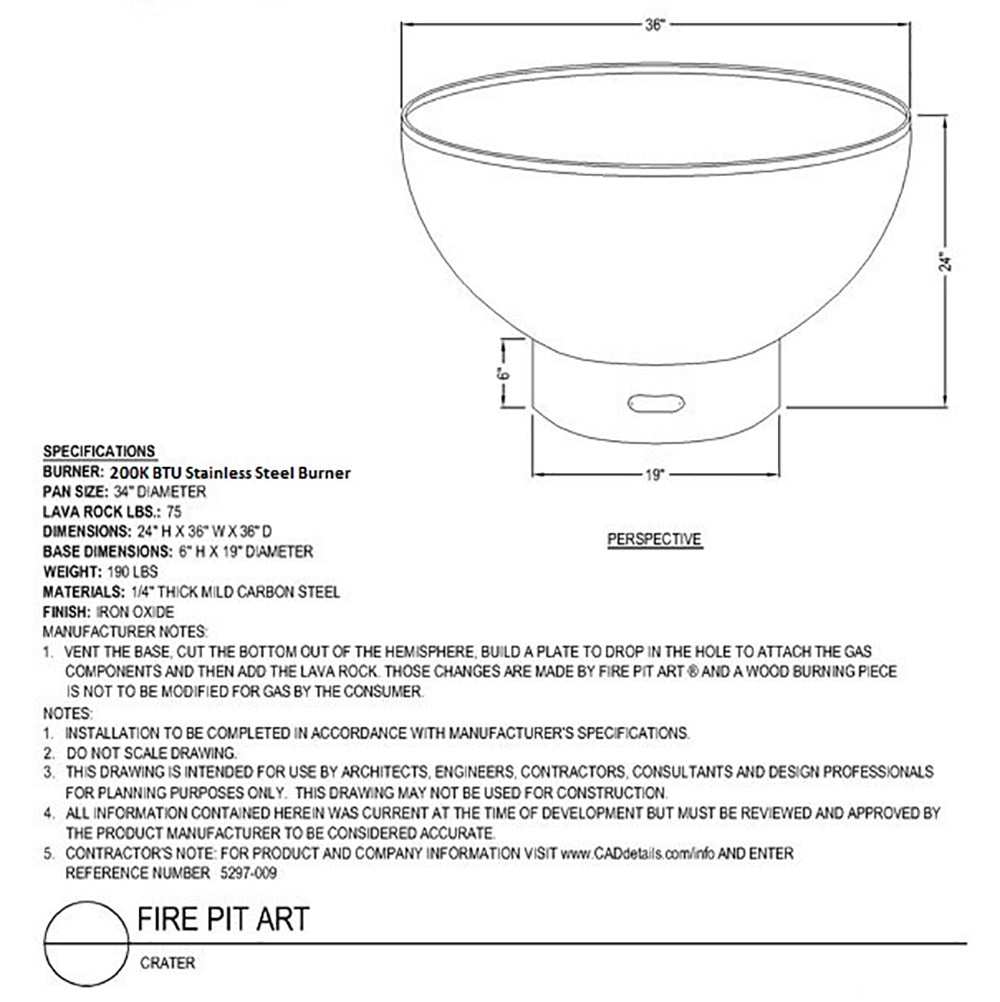 Crater gas fire pit dimension diagram showing burner and base measurements.