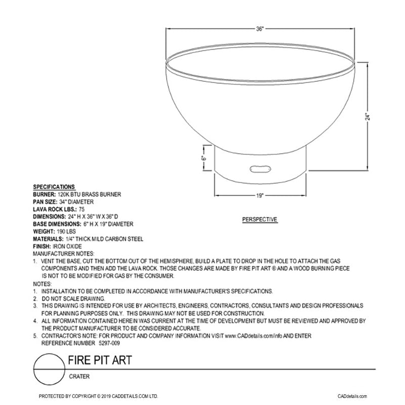 Fire pit art crater fire pit technical drawing with size labels and profile view
