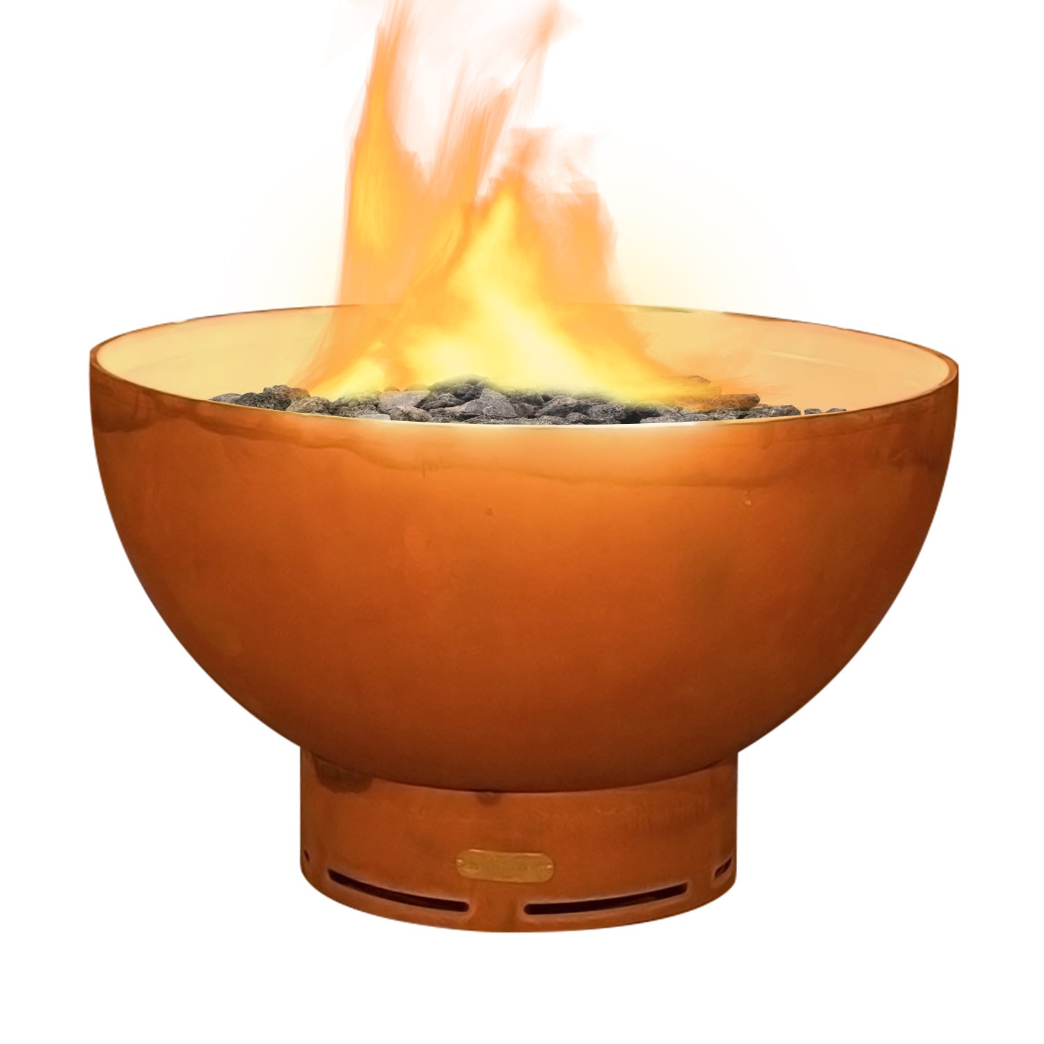 Crater gas fire pit with round bowl, open flame, and vented base.