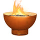 Crater gas fire pit with round bowl, open flame, and vented base.