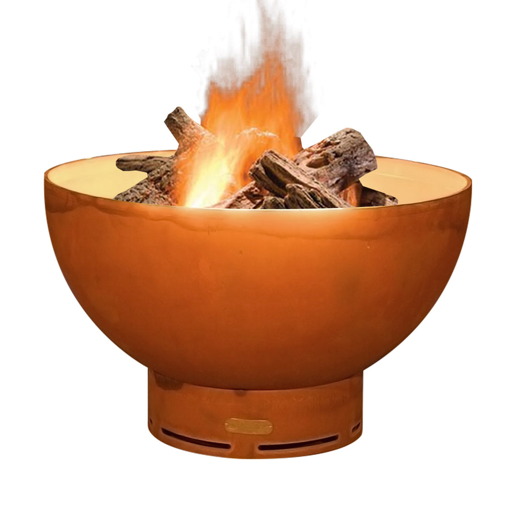 Orange metal wood fire pit bowl with burning logs in crater opening