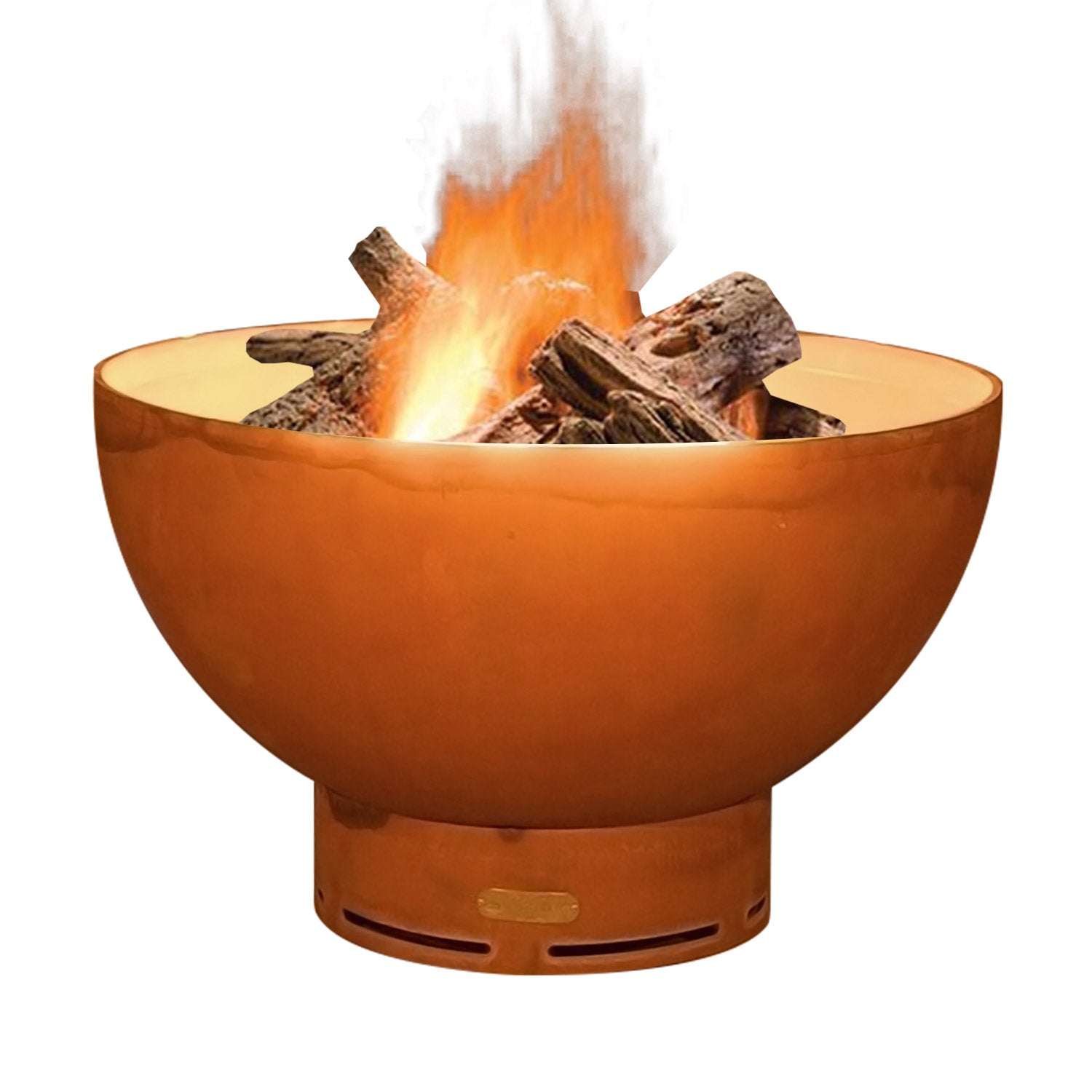 Orange metal wood fire pit bowl with burning logs in crater opening