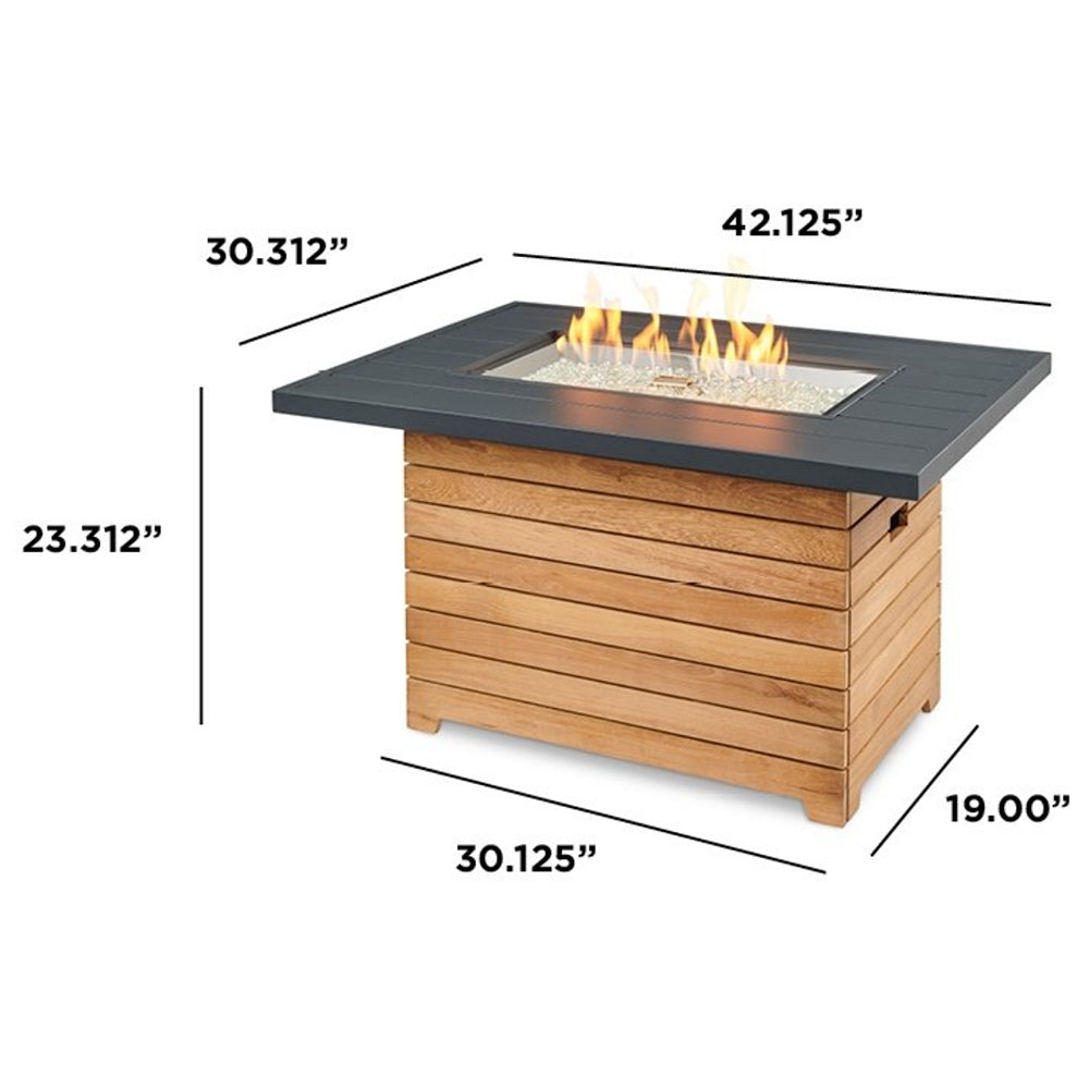 Gas fire pit table with dark aluminum top and teak base, 42.125" x 30.312" x 19.00"