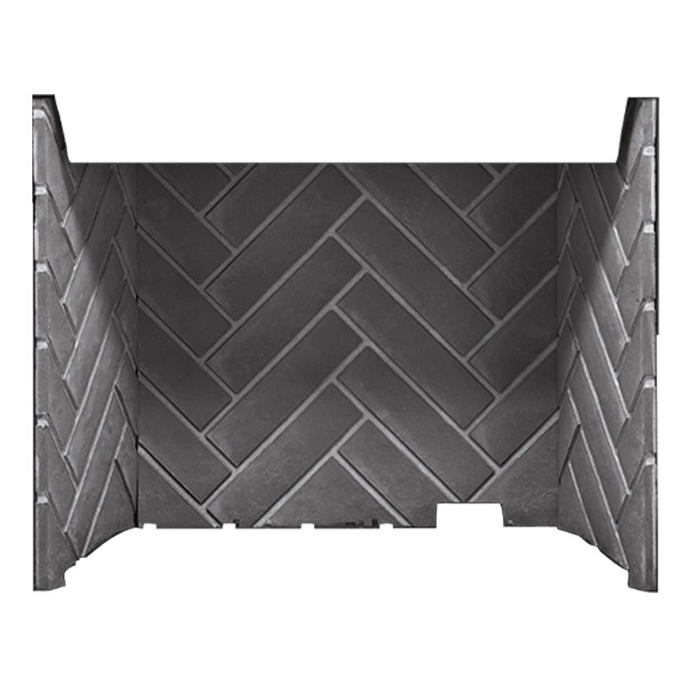 Dark gray herringbone brick decorative panel with staggered block texture
