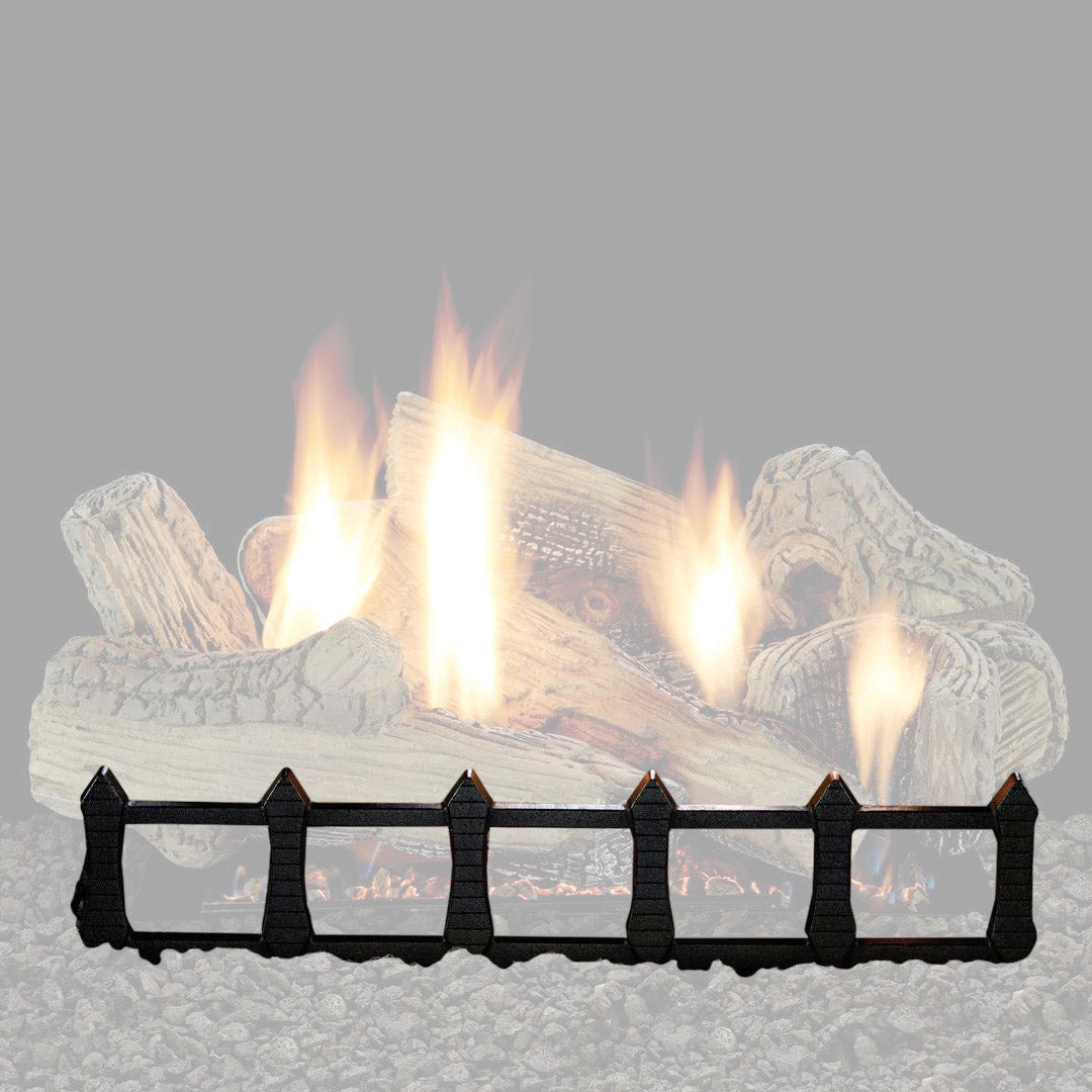 Matte black decorative fireplace grate with arched openings across the front