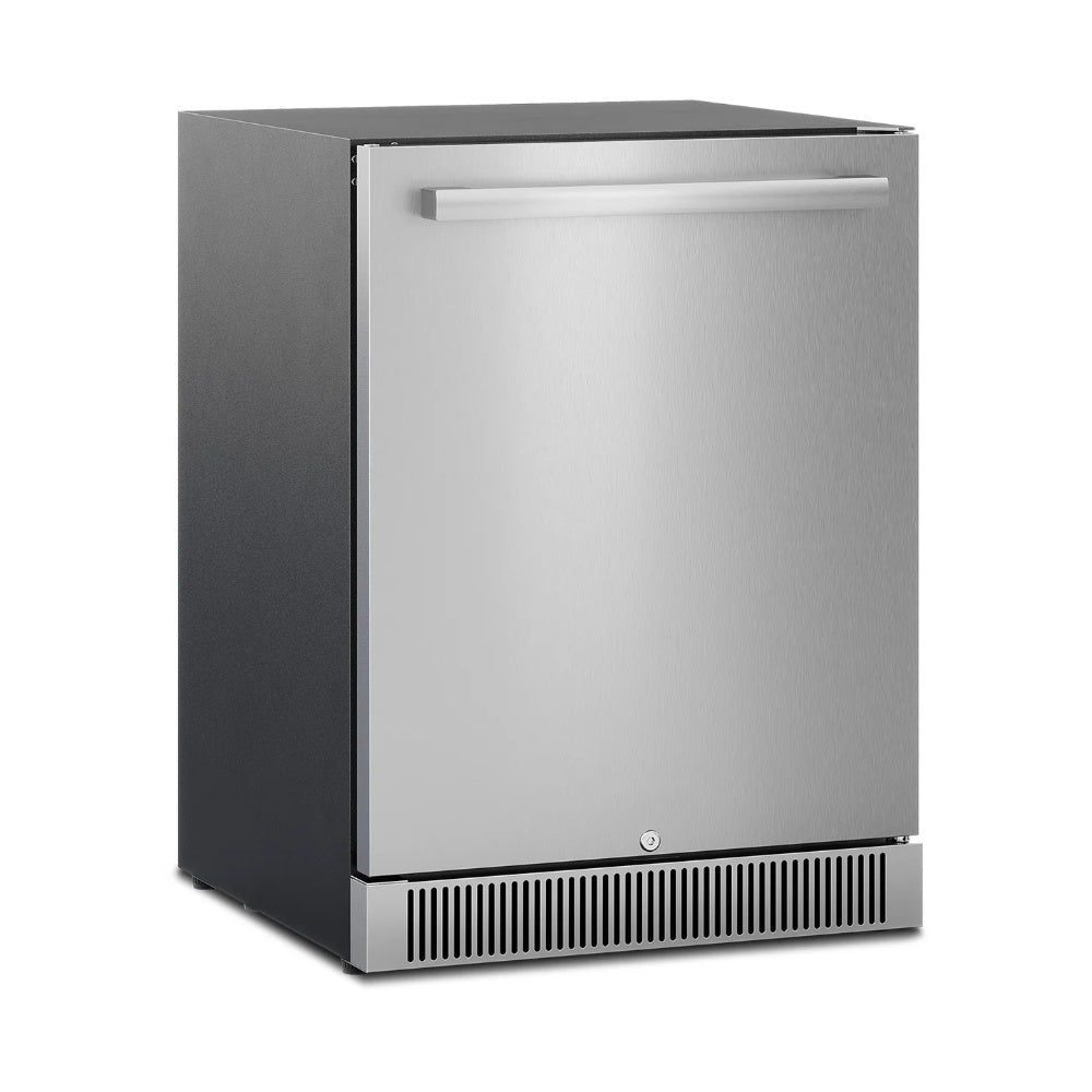 Outdoor refrigerator with closed door, dark side panels, stainless-look trim and front grille
