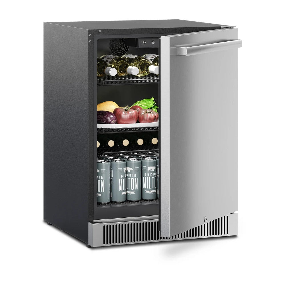 Outdoor refrigerator with open door, dark cabinet, shelves holding bottles and produce