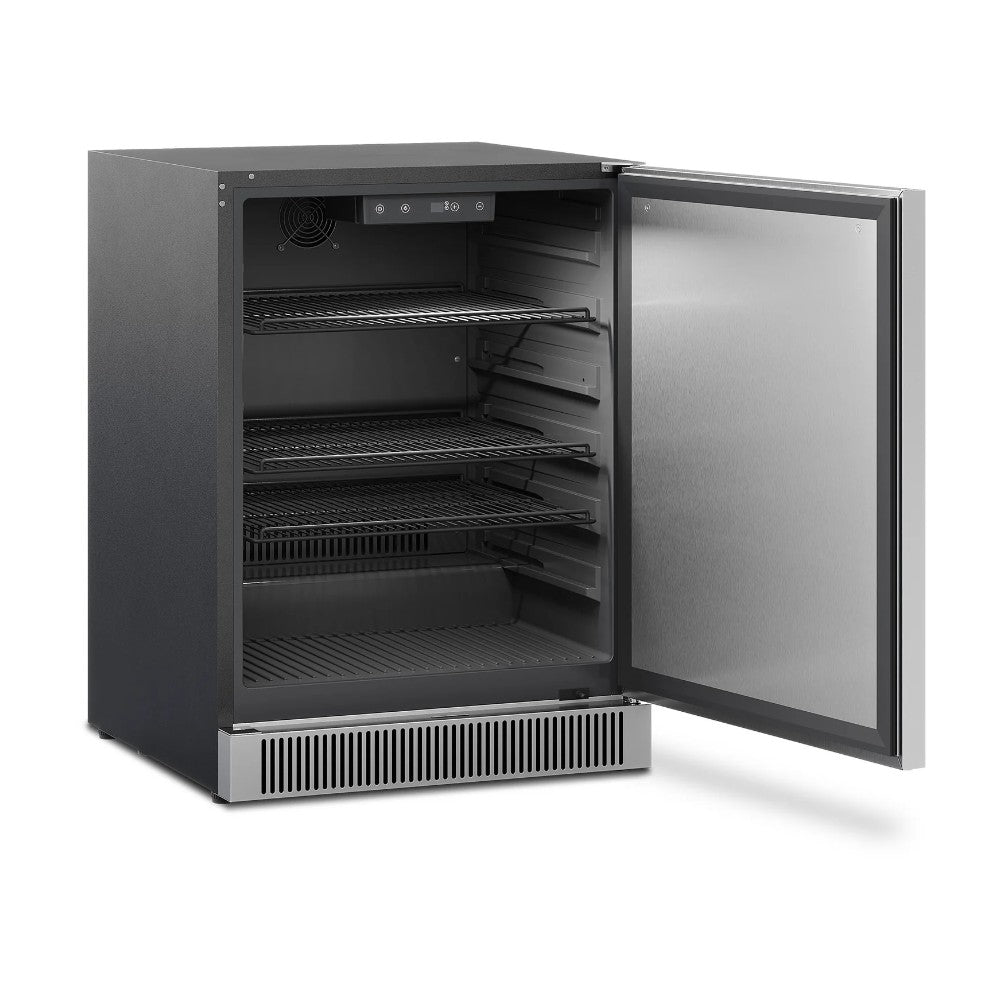 Outdoor refrigerator with open door, interior shelves and racks, dark finish and silver body