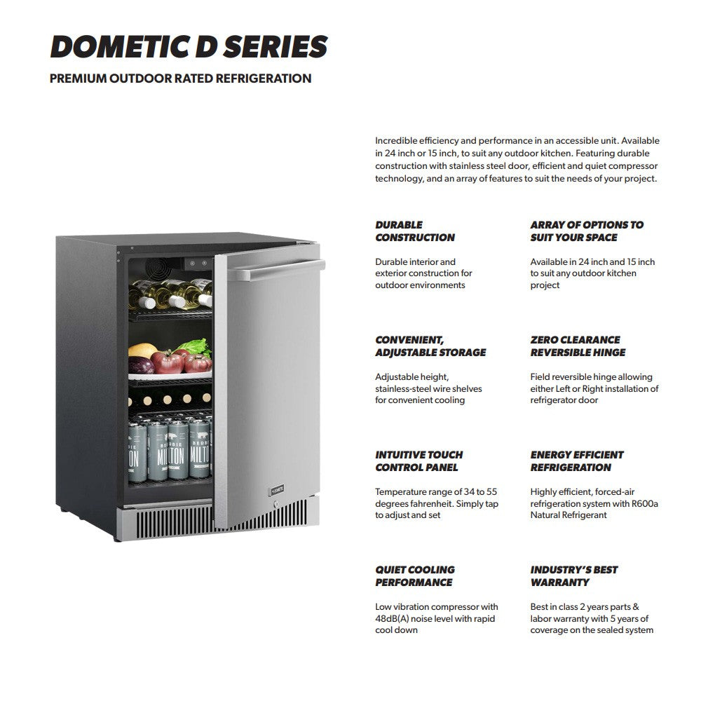 Dometic outdoor refrigerator promo graphic with front view and feature callouts