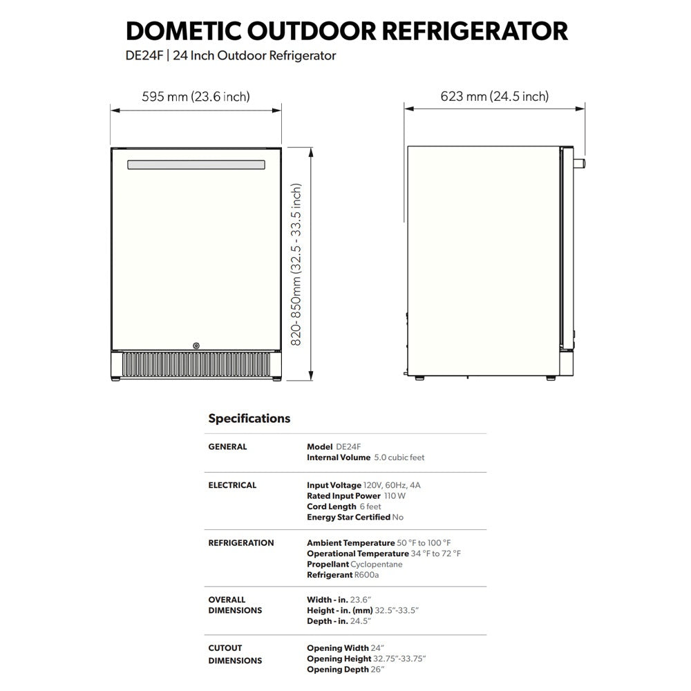 Outdoor refrigerator dimensions diagram with front and side views and measurement lines