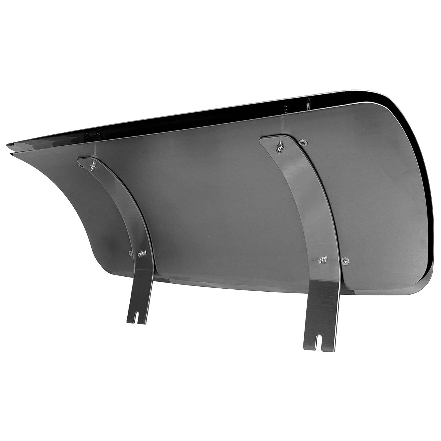 Heat deflector with dark metal curved housing and two front mounting legs