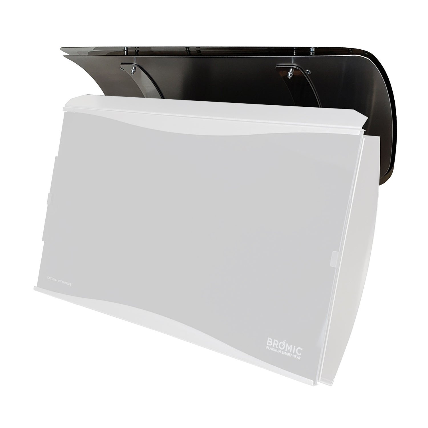Heat deflector assembly with dark curved back and white front shield panel.
