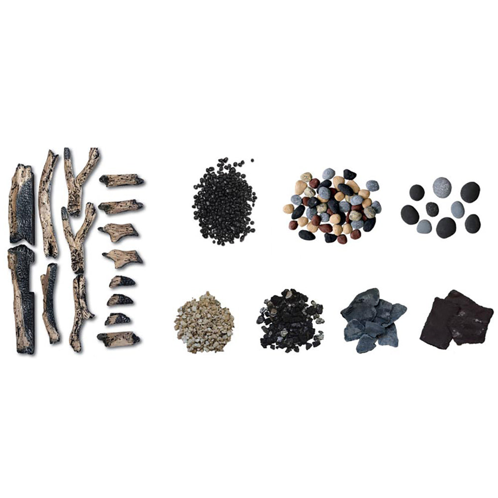 Rustic log set accessory bundle with logs, embers, pebbles, rocks, and black glass