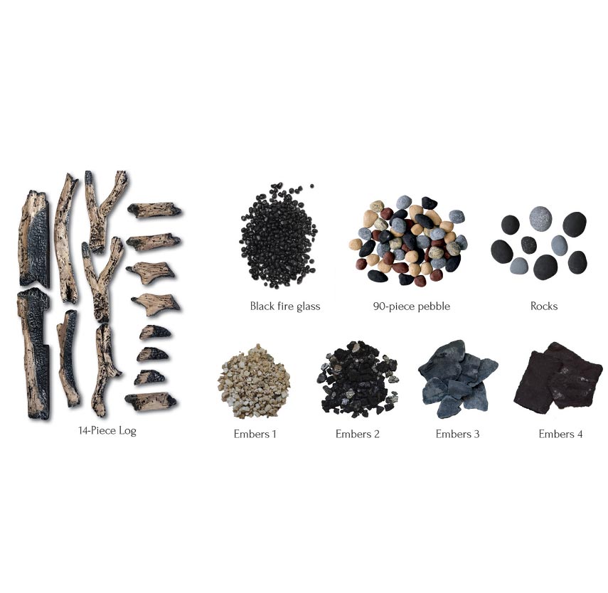 Rustic log set with assorted fire media: black glass, pebbles, rocks, embers