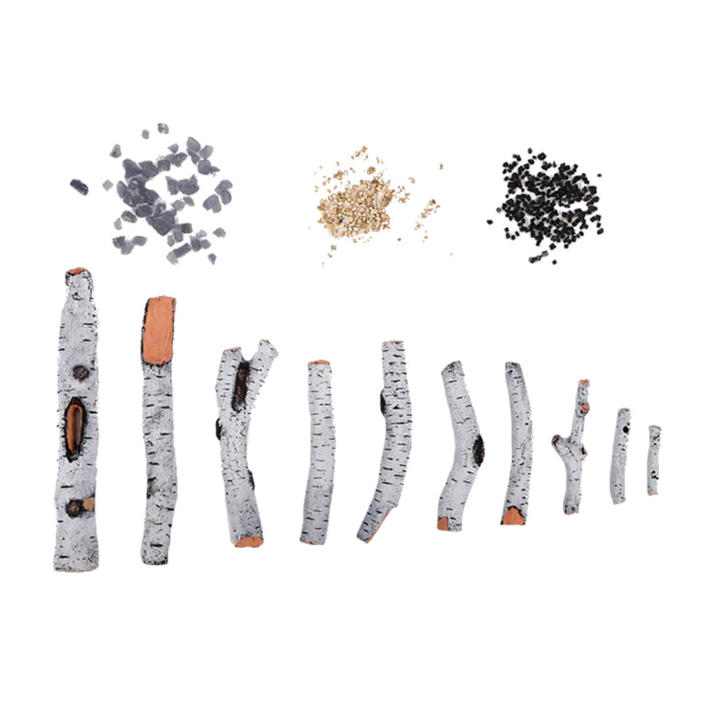 Birch log set with 10 log pieces, orange cutout inserts, and ember pieces