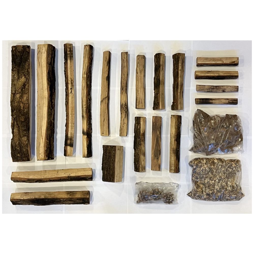Real wood media kit with assorted timber logs and small charred wood pieces, in bags