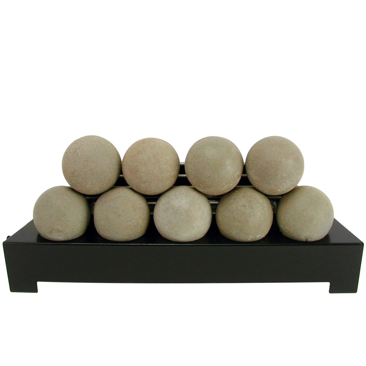Light beige smooth fireballs media on black burner tray, round stone-like spheres