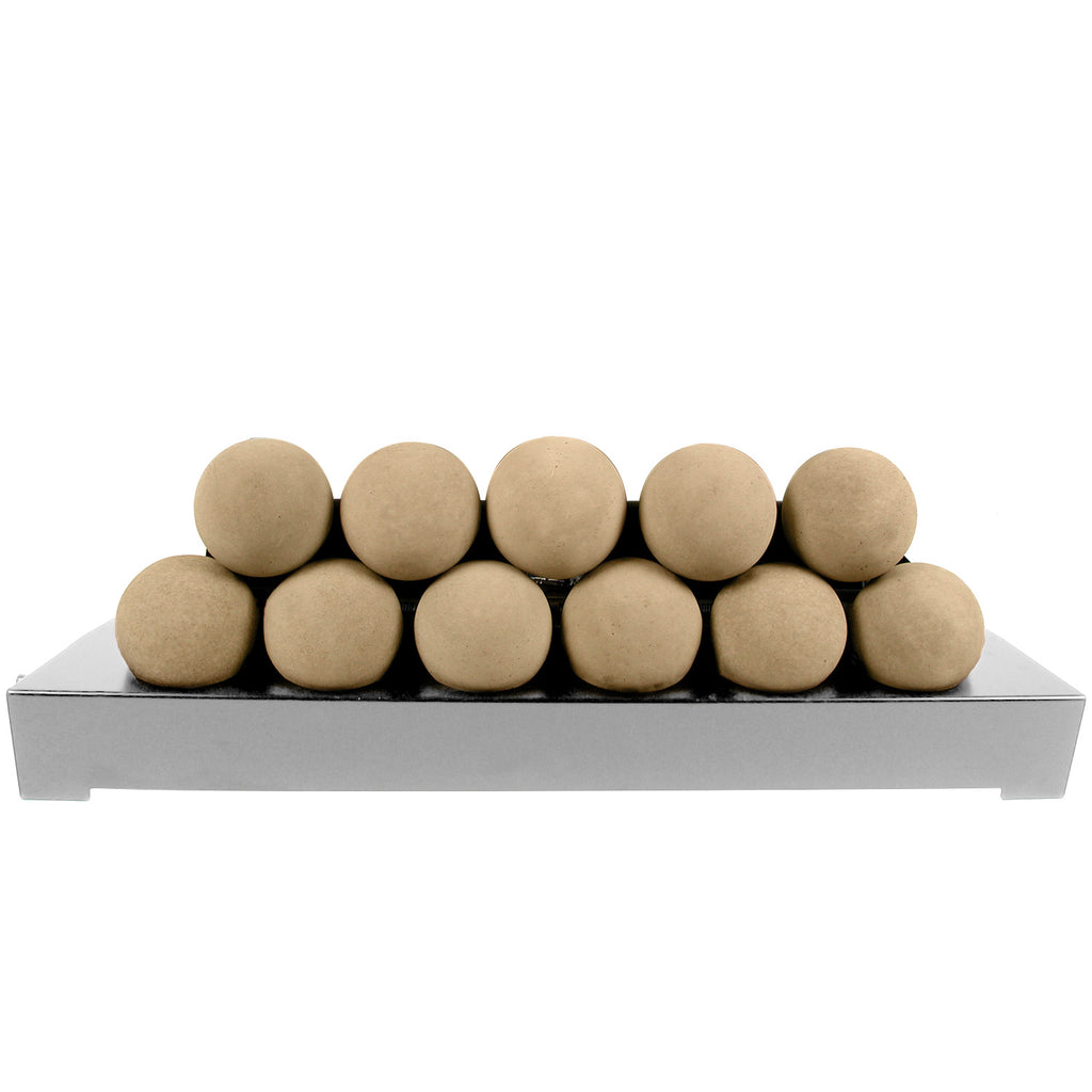 Ventless burner kit with beige-brown FireBalls media spheres on a stainless tray