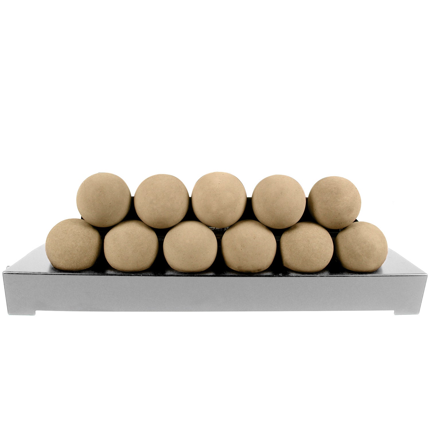 Ventless burner kit with beige-brown FireBalls media spheres on a stainless tray