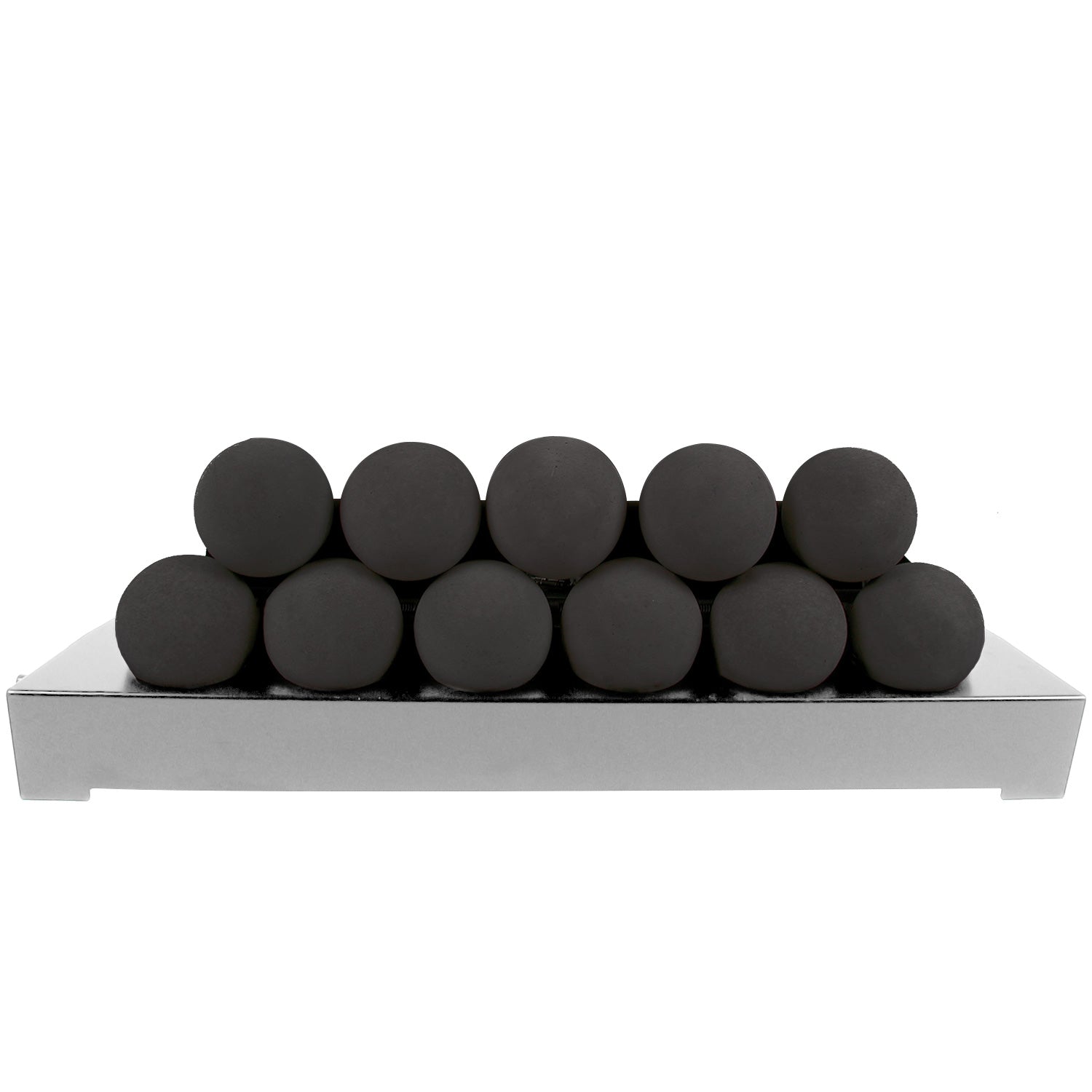 Ventless burner kit with black FireBalls media spheres on a stainless tray