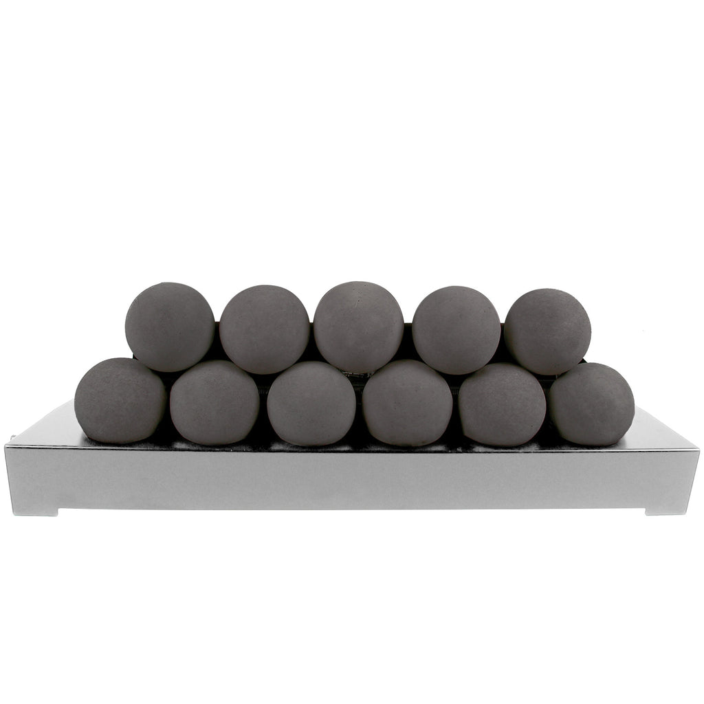 Ventless burner kit with dark grey FireBalls media spheres on a stainless tray