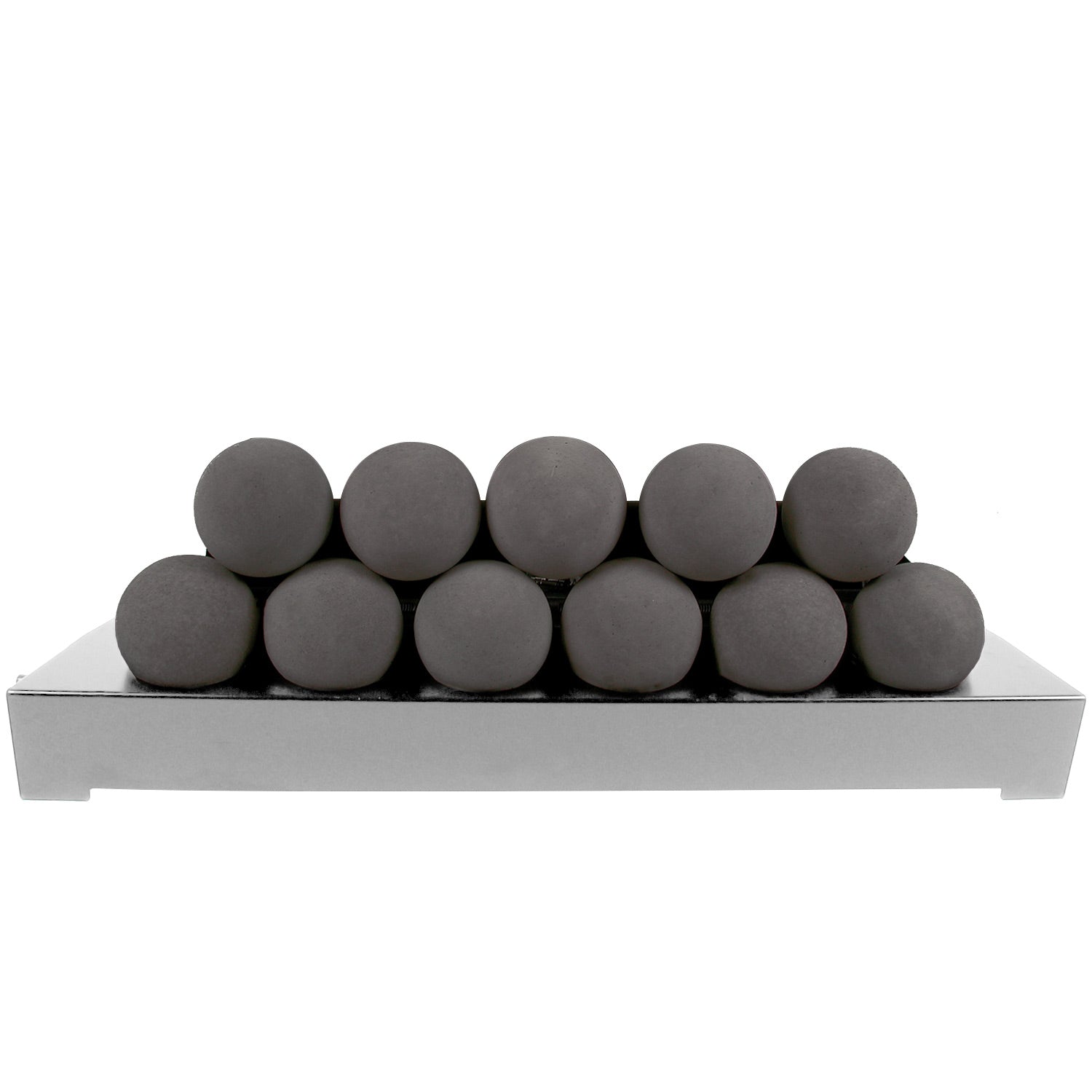 Ventless burner kit with dark grey FireBalls media spheres on a stainless tray