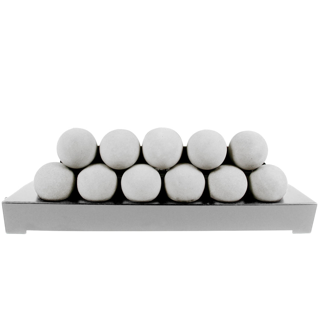 Ventless burner kit with light grey FireBalls media spheres on a stainless tray
