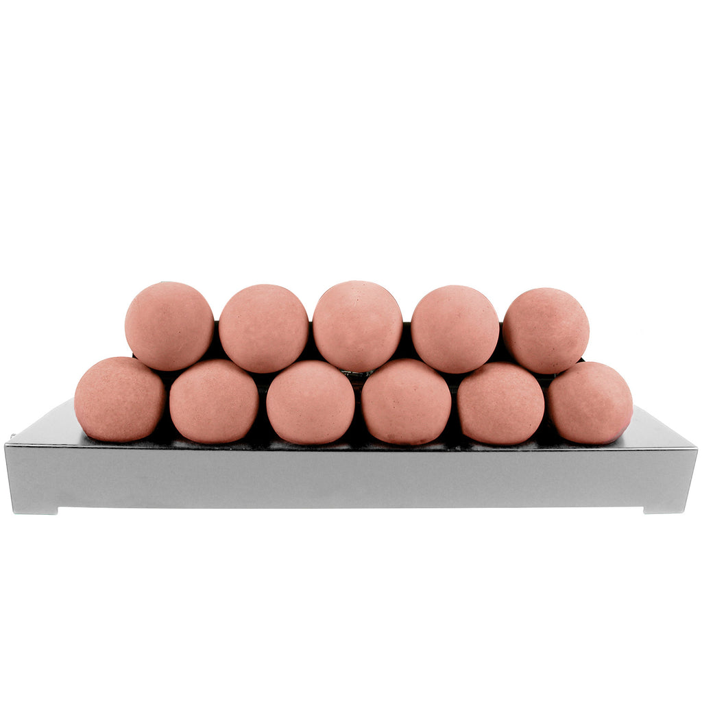 Smooth red fireballs burner media on stainless steel tray