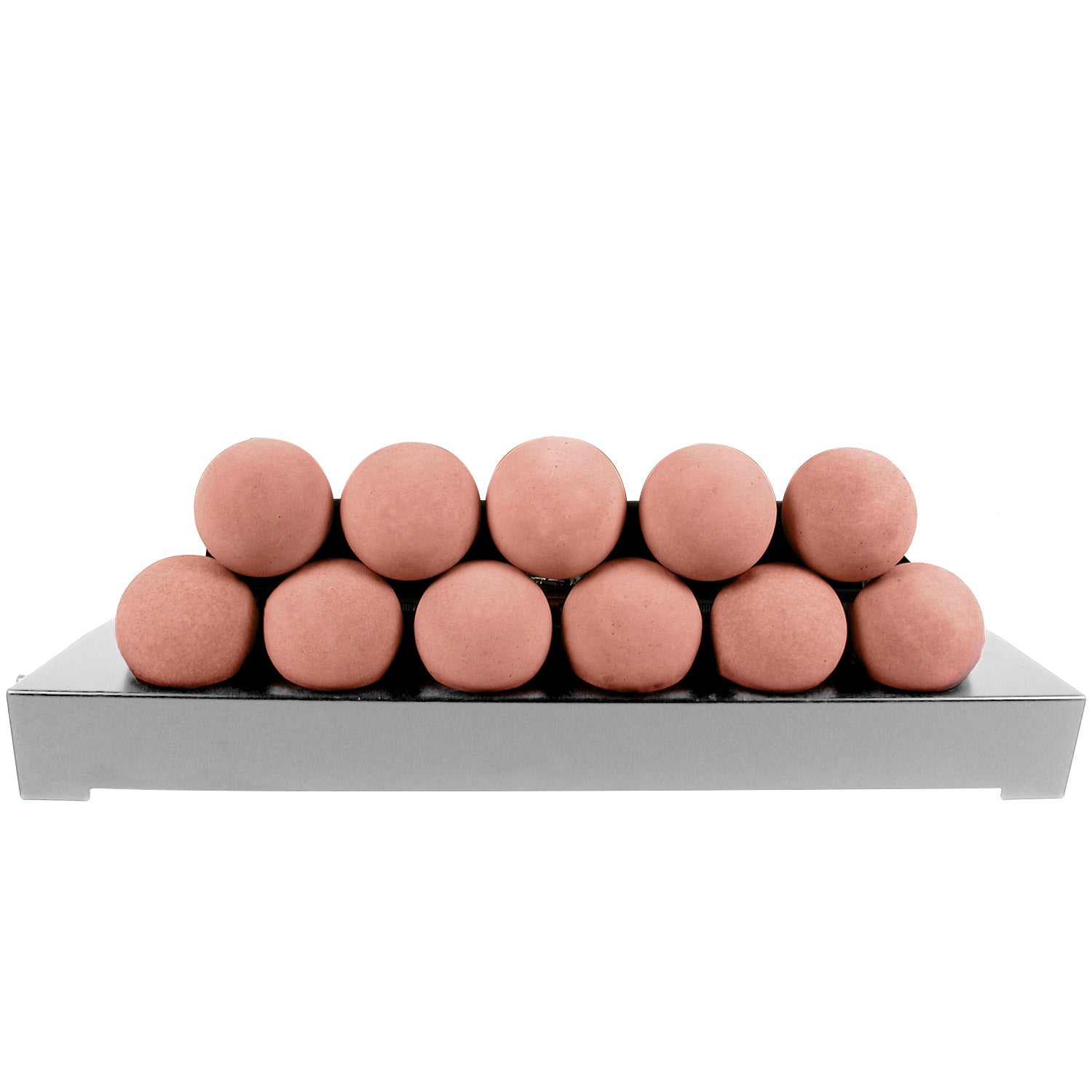 Smooth red fireballs burner media on stainless steel tray