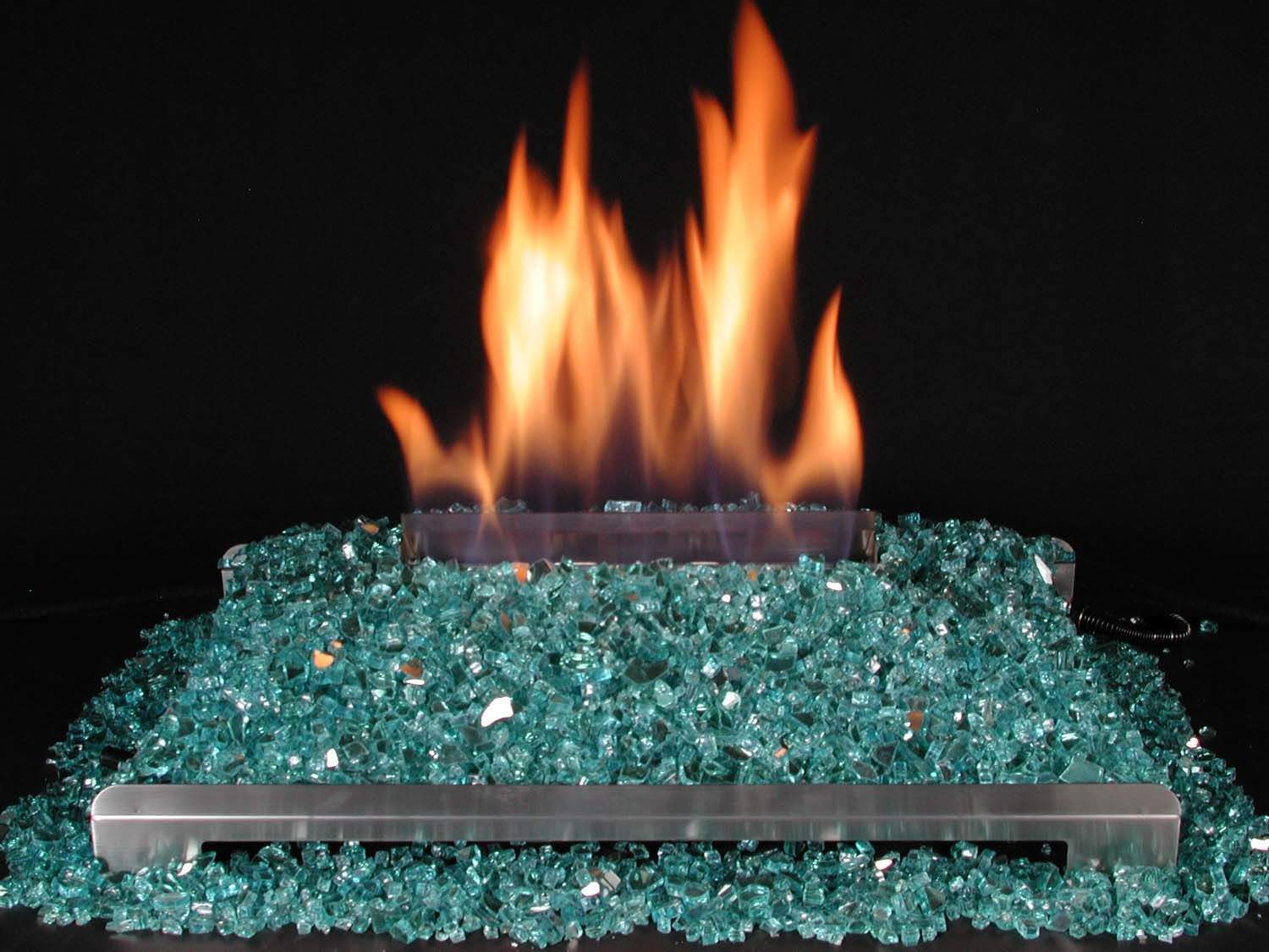 Stainless steel burner kit with flame over blue-green fire glass bed