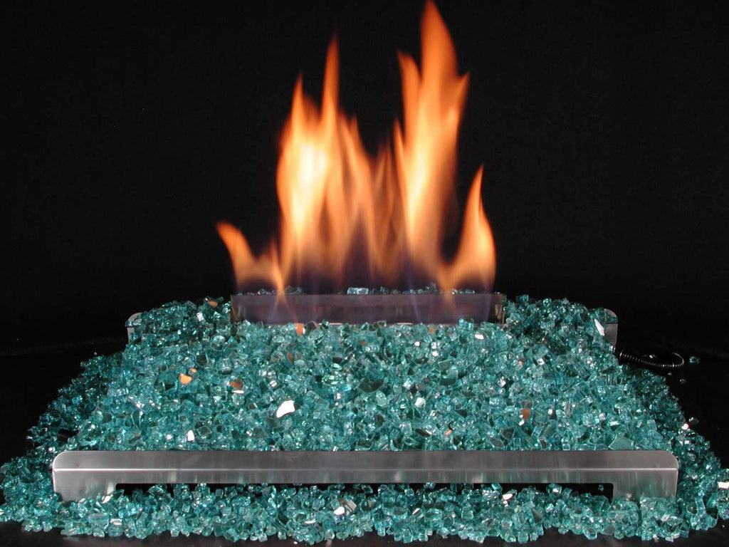 Ventless 20-inch burner kit with flames over blue-green fire glass media bed