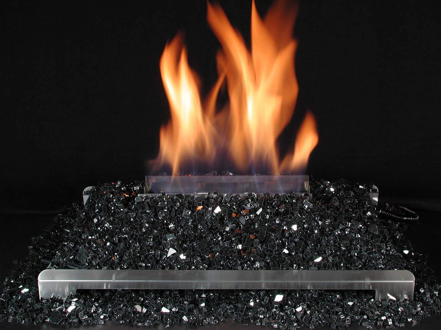 Stainless steel ventless burner kit with flame over black fire glass bed