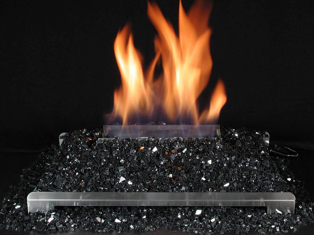 Ventless 20-inch burner kit with flames over black fire glass media bed