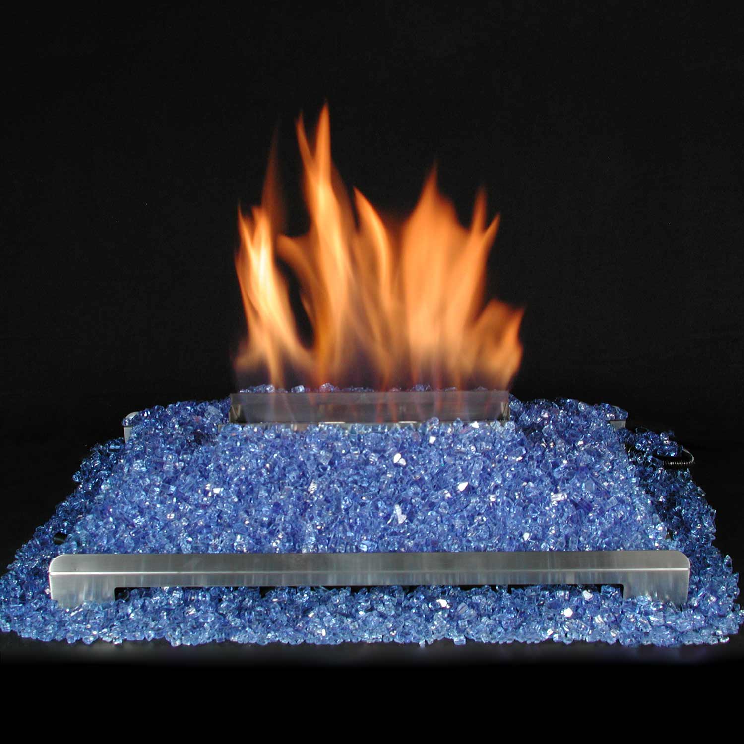 Ventless 20-inch burner kit with flames over blue fire glass media bed