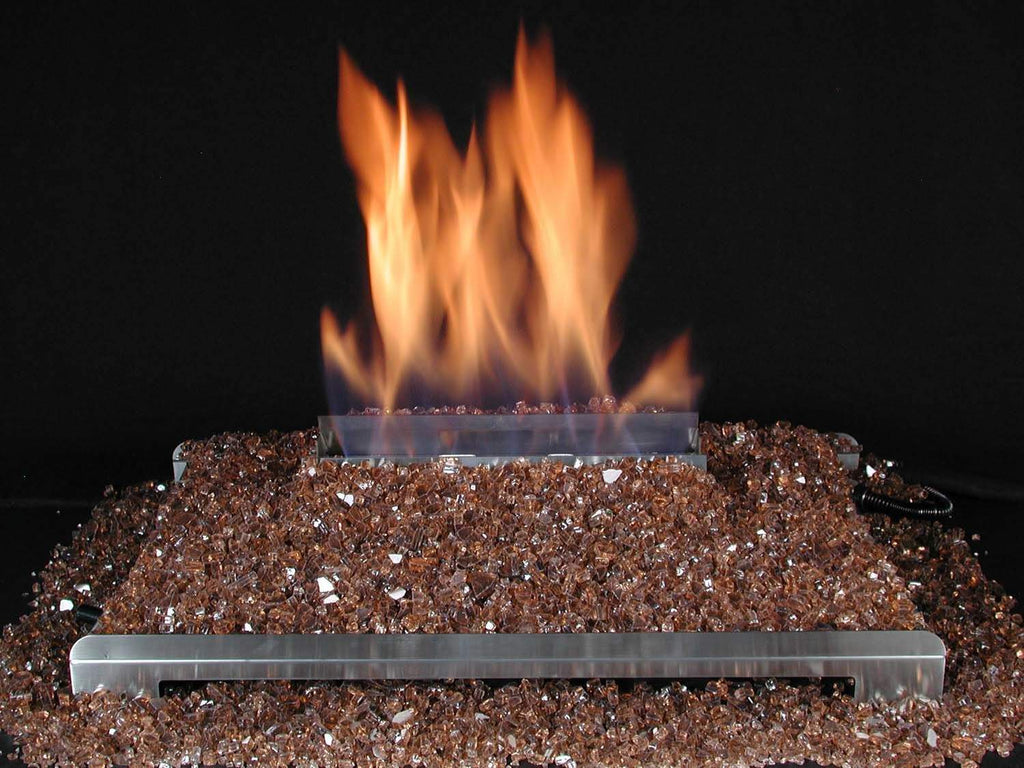 Stainless steel ventless burner kit with open flame over brown fire glass bed
