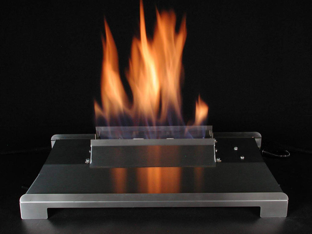 Ventless 20-inch burner kit with flames rising from the burner tray