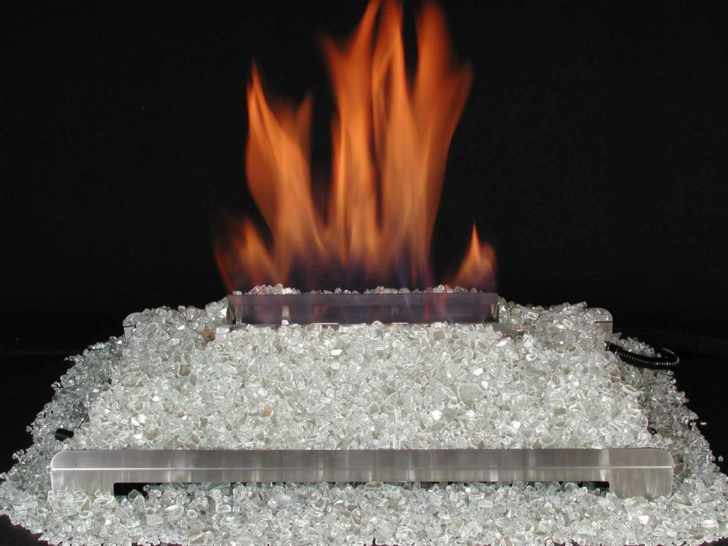 Ventless 20-inch burner kit with flames over white fire glass media bed