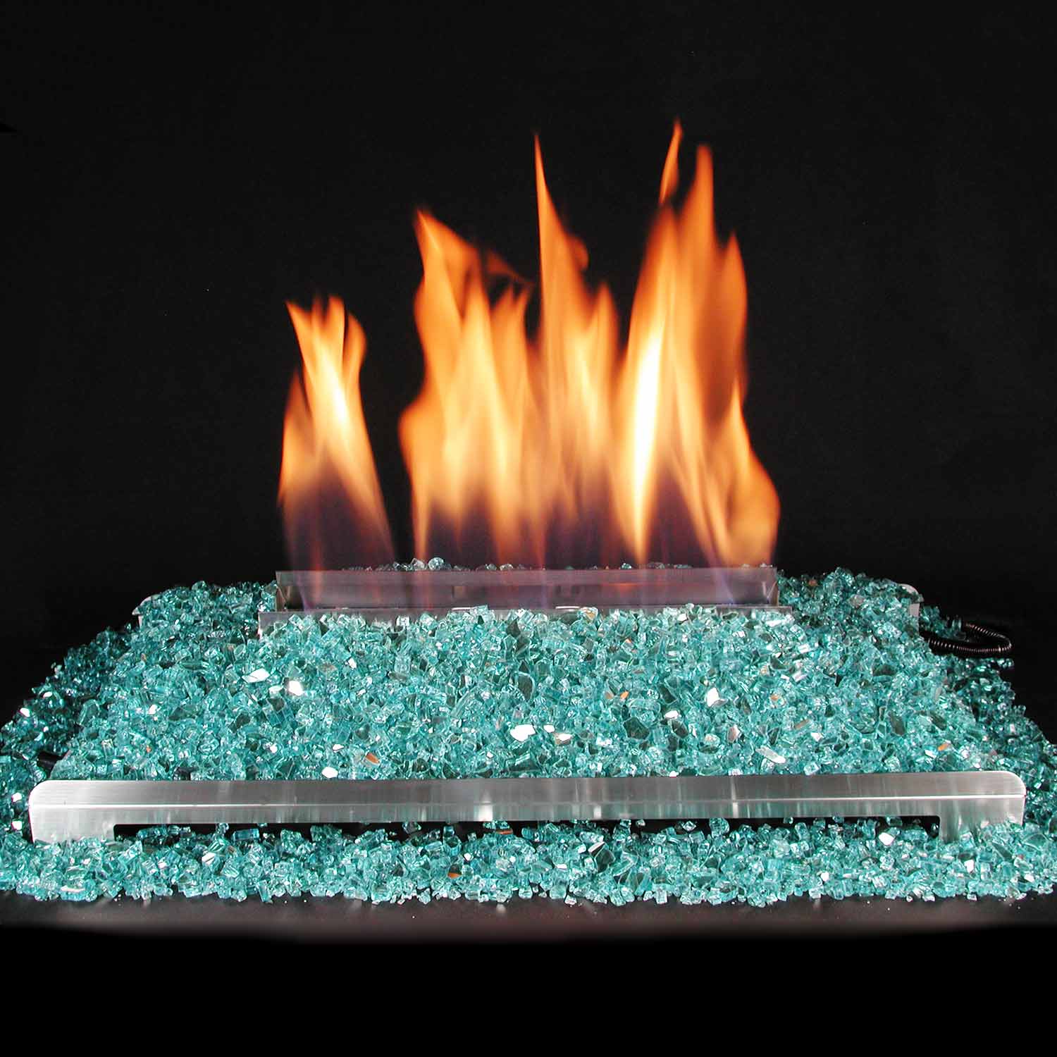 Ventless 24-inch burner kit with teal/blue-green fire glass bed and orange flame