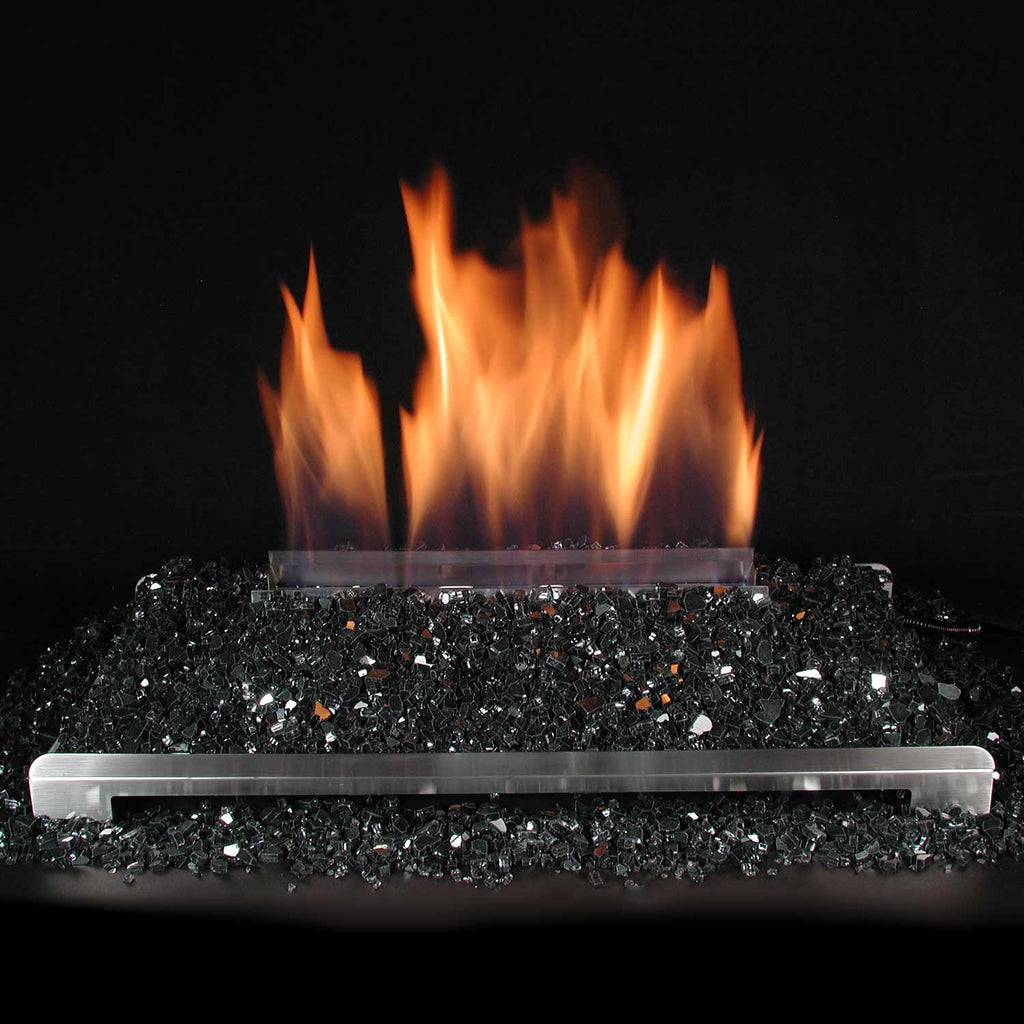 Ventless 24-inch burner kit with black fire glass bed and orange flame