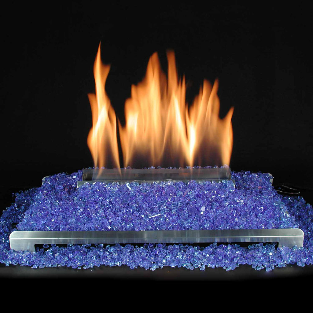 Ventless burner with purple fire glass bed and tall orange flames