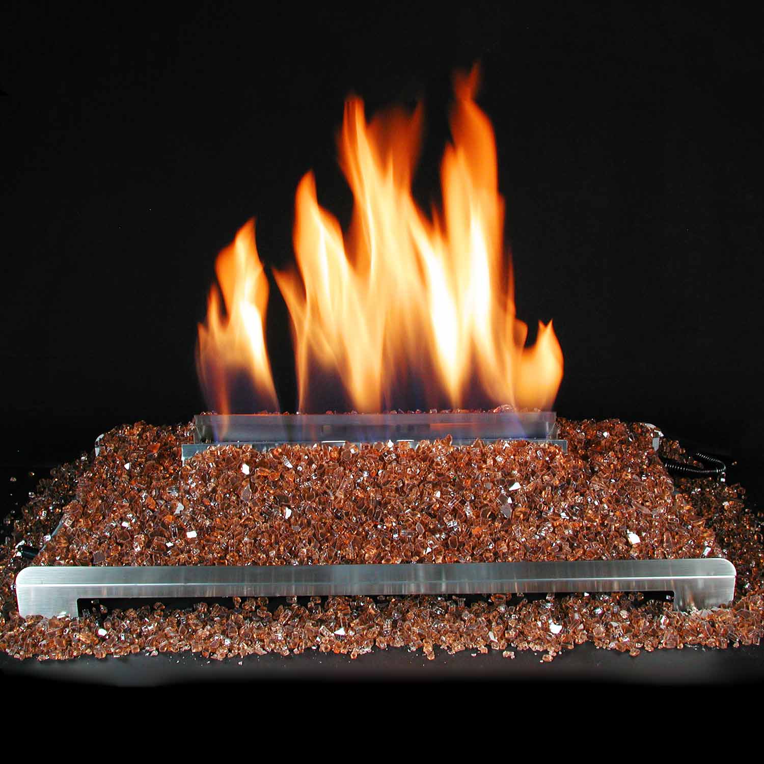 Ventless burner kit with copper-toned fire-glass and orange flames