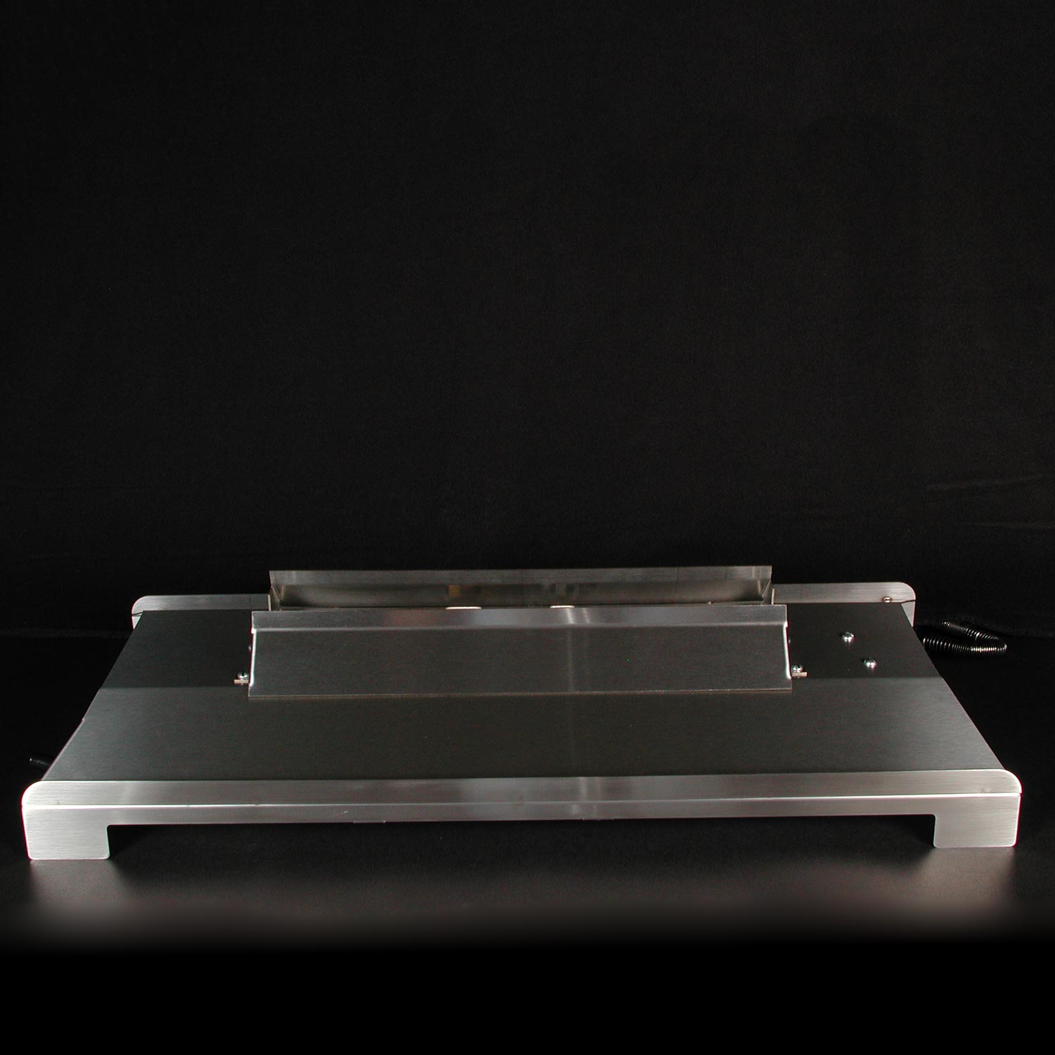 Stainless steel ventless burner base with protective front frame and side fittings