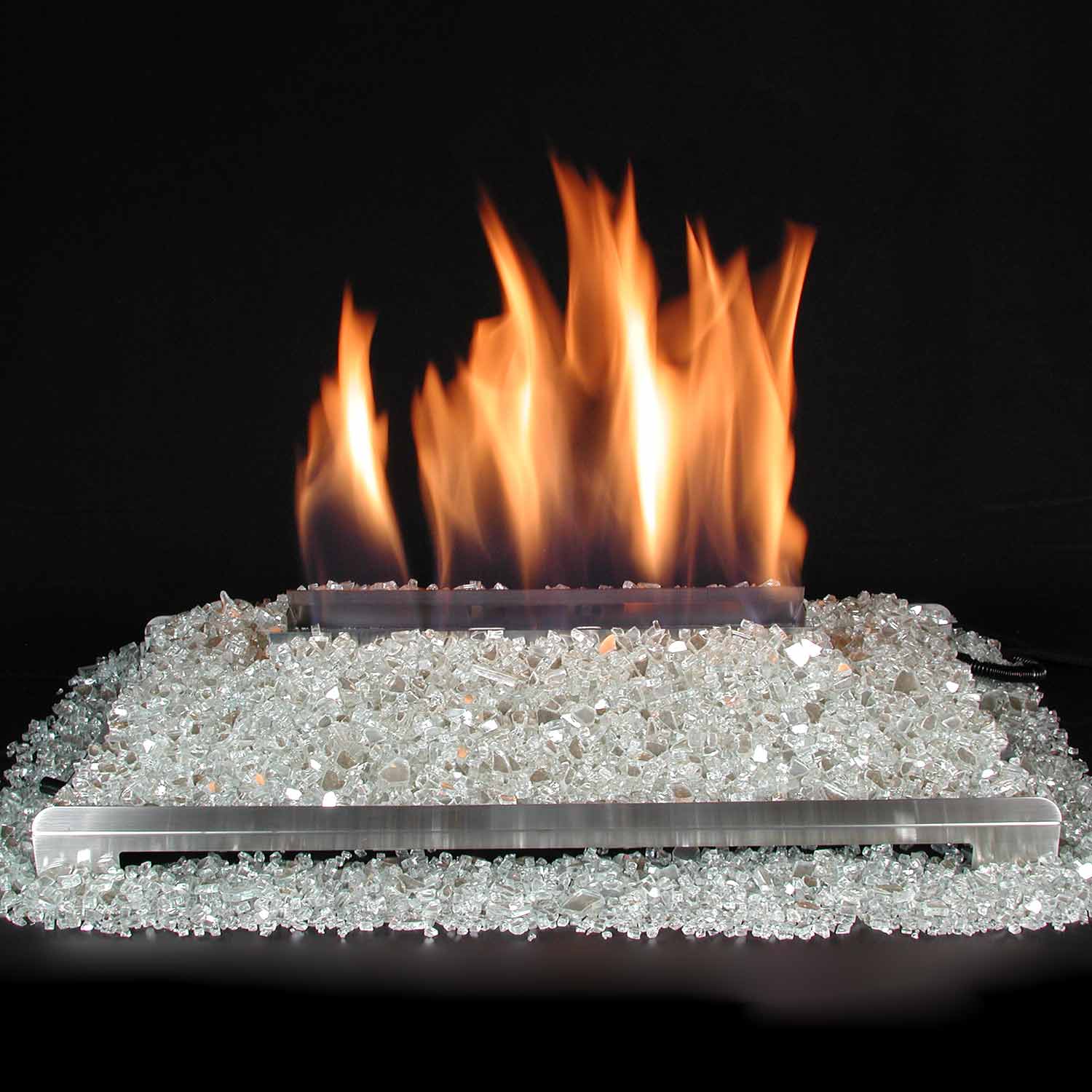 Ventless burner kit with clear fire glass and orange flame, 30-inch stainless tray