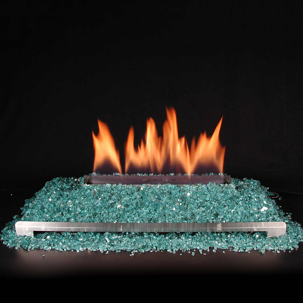 Ventless burner with blue-green fire-glass and orange flames