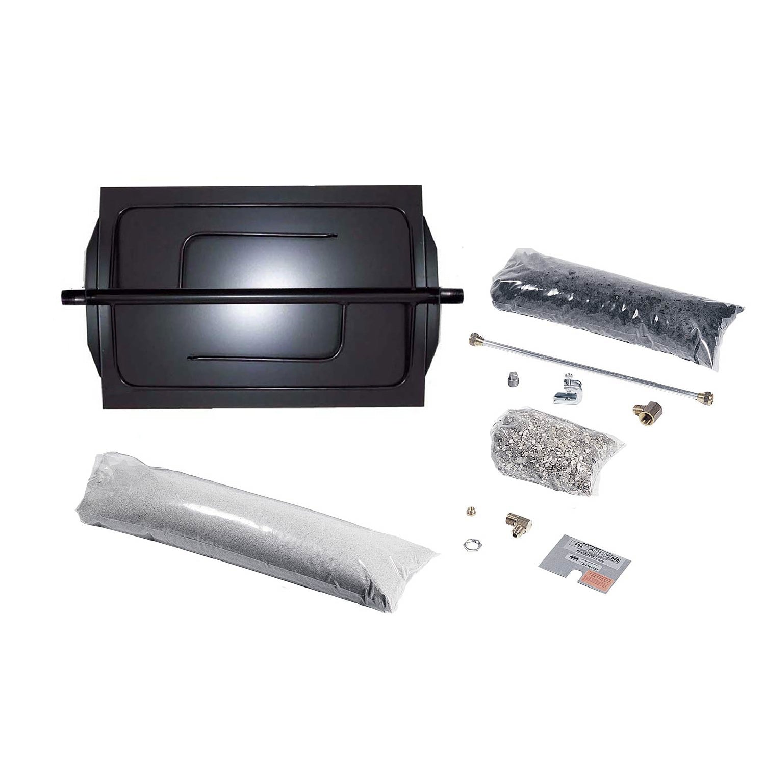 Vented gas fireplace burner kit with black burner box, gray media, and mounting hardware
