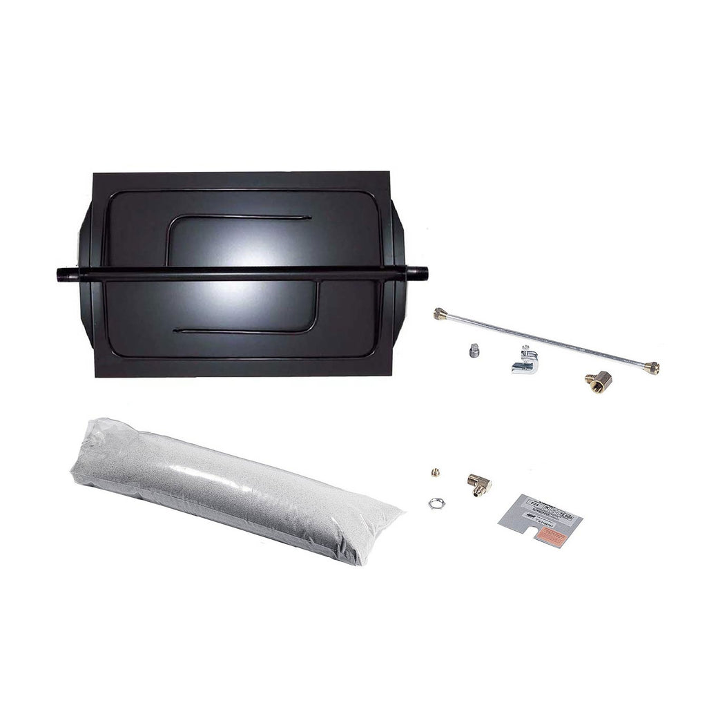 Vented gas fireplace burner kit parts: black burner box, gray filler media, and gas fittings