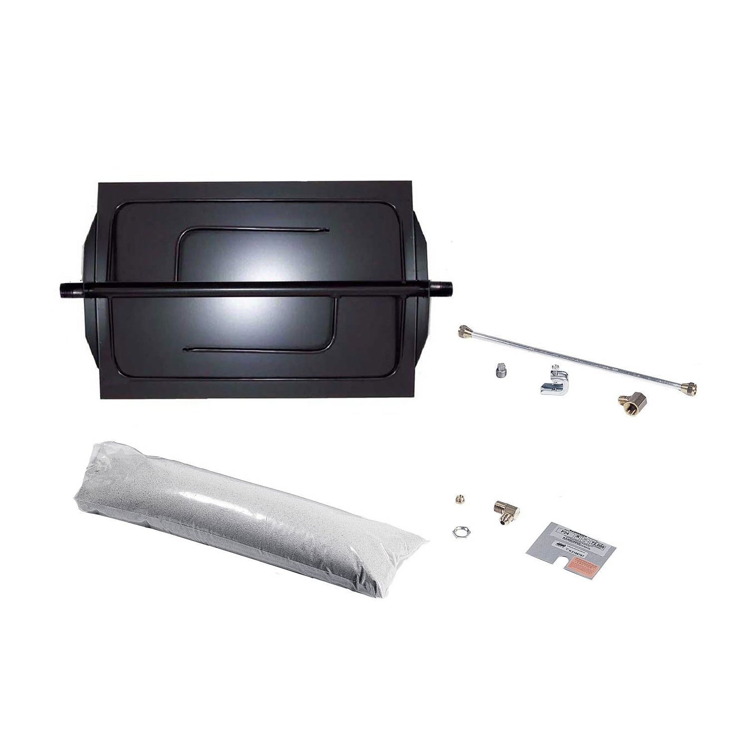 Vented gas fireplace burner kit parts: black burner box, gray filler media, and gas fittings