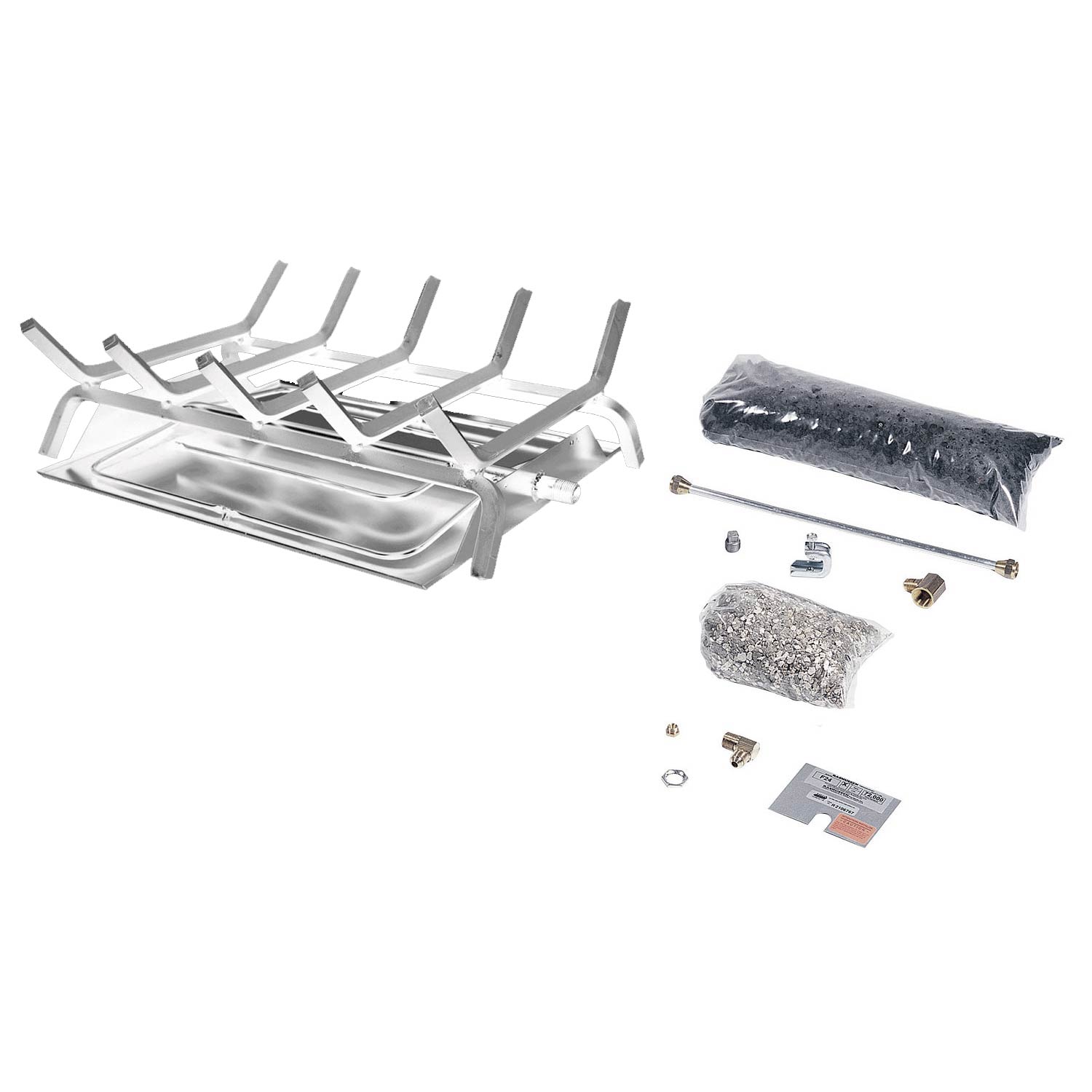 Stainless steel burner and grate kit with metal grate, insulation wrap, and hardware pieces