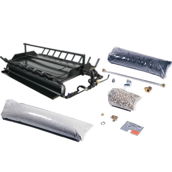 Double-sided multi-burner and grate kit with burner frame and mounting parts